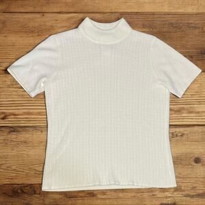 Vintage 90s Buttercream Mock Neck Cable Knit Sweater Womens Sz M LuxeLon Acrylic